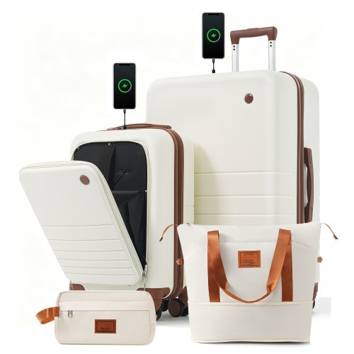 4-Piece Luggage Set With USB Charging Ports 20in Carry-On Front-Openin ...